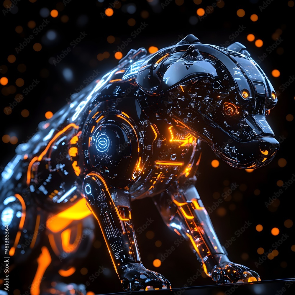 Fototapeta premium A robot dog with glowing eyes and a metallic body