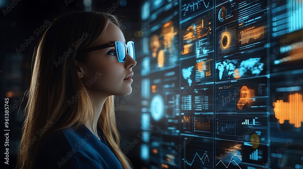 A woman intently analyzes data on a digital screen, surrounded by graphs and charts. A woman intently analyzes data on a digital screen, surrounded by graphs and charts.