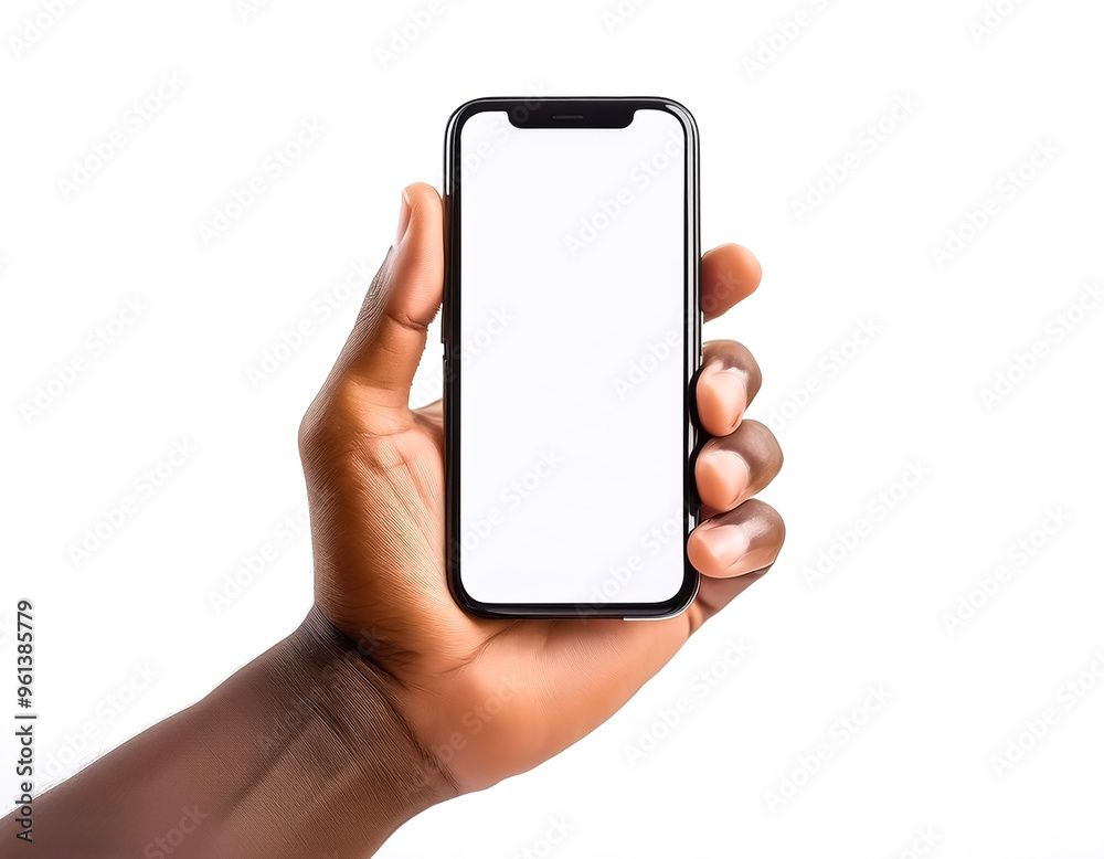 Close up of white hand holding modern smart phone mockup. New modern black frameless smartphone mockup with blank white screen Close up of white hand holding modern smart phone mockup. New modern black frameless smartphone mockup with blank white screen
