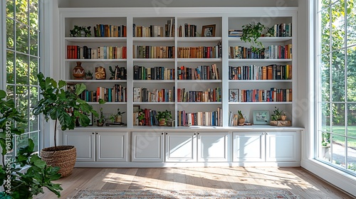 A white built-in bookshelf filled with windows, plants, and a warm hardwood floor, creating a cozy reading nook.