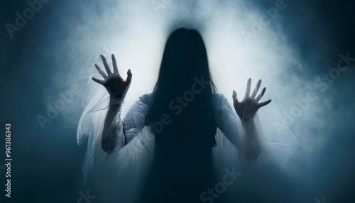 scary blurry dark silhouette ghost woman with stretched out hands in the dark fog. scene for halloween or darkness.