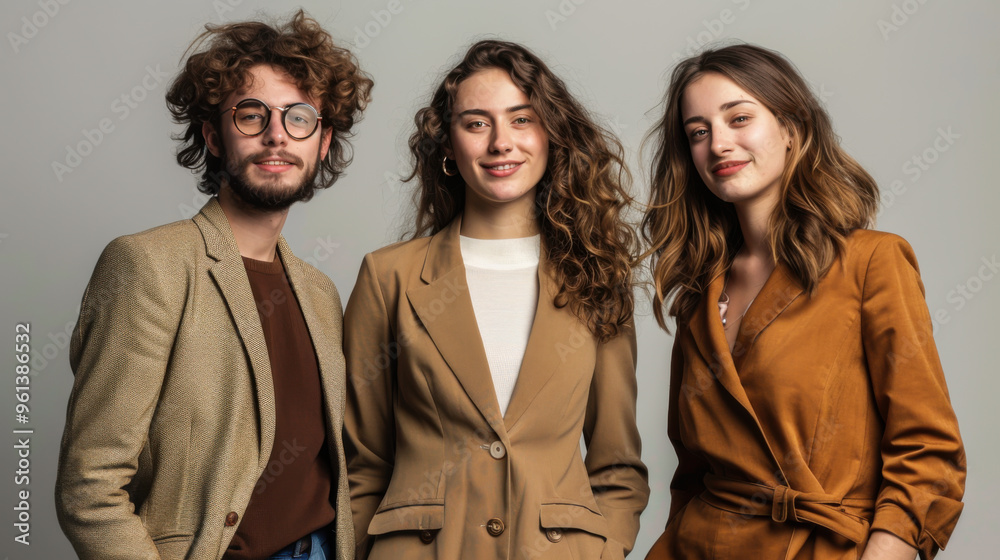 Three people stand confidently, showcasing trendy blazers and diverse hairstyles in a modern studio setting. Three people stand confidently, showcasing trendy blazers and diverse hairstyles in a modern studio setting.