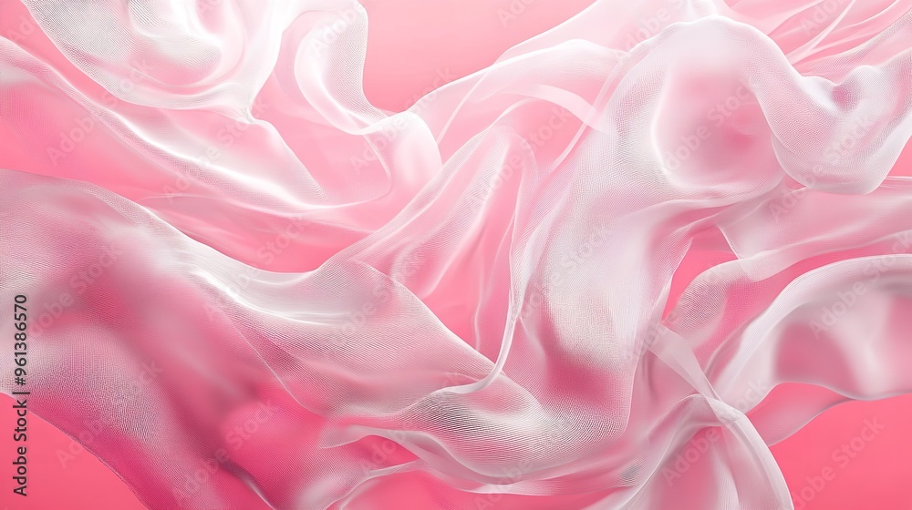 Fototapeta premium Pink tulle fabric wave on white background