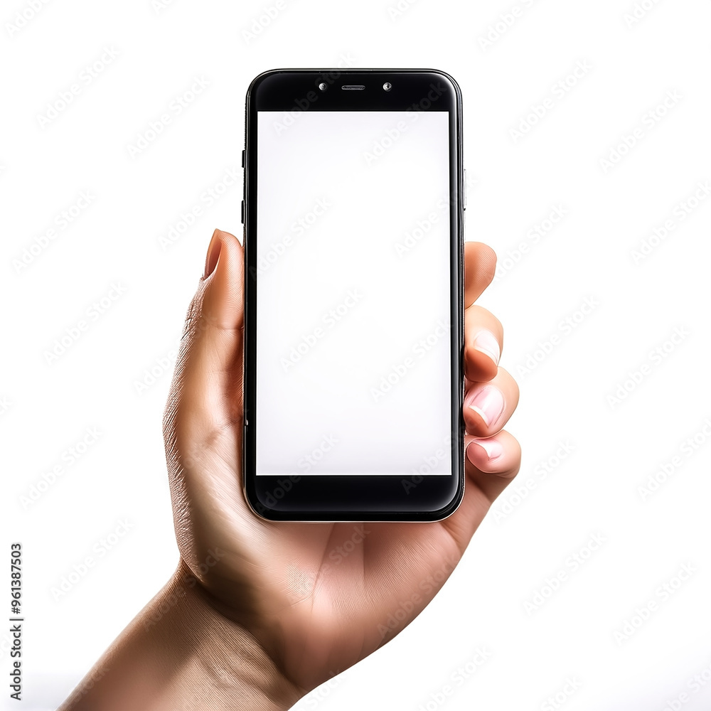 Close up of white hand holding modern smart phone mockup. New modern black frameless smartphone mockup with blank white screen Close up of white hand holding modern smart phone mockup. New modern black frameless smartphone mockup with blank white screen