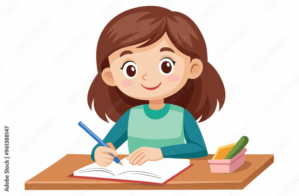 Cute brunette student girl sitting at desk writing in notebook Cute brunette student girl sitting at desk writing in notebook