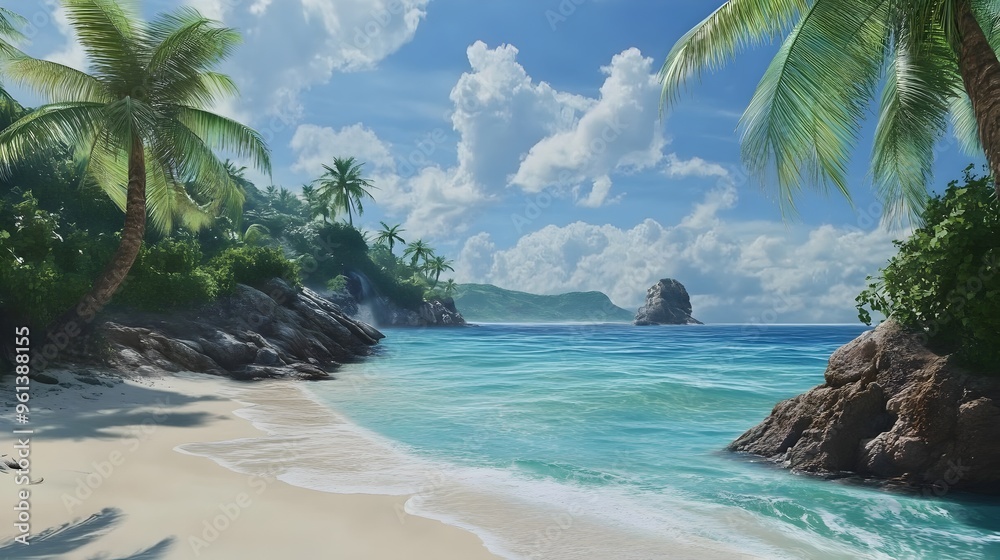 Idyllic Tropical Beach Scene with Palm Trees and Turquoise Waters Idyllic Tropical Beach Scene with Palm Trees and Turquoise Waters