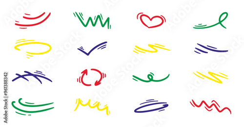 Doodle color comic movement effect set. Hand drawn effect manga elements set. Cartoon doodle anime icons.