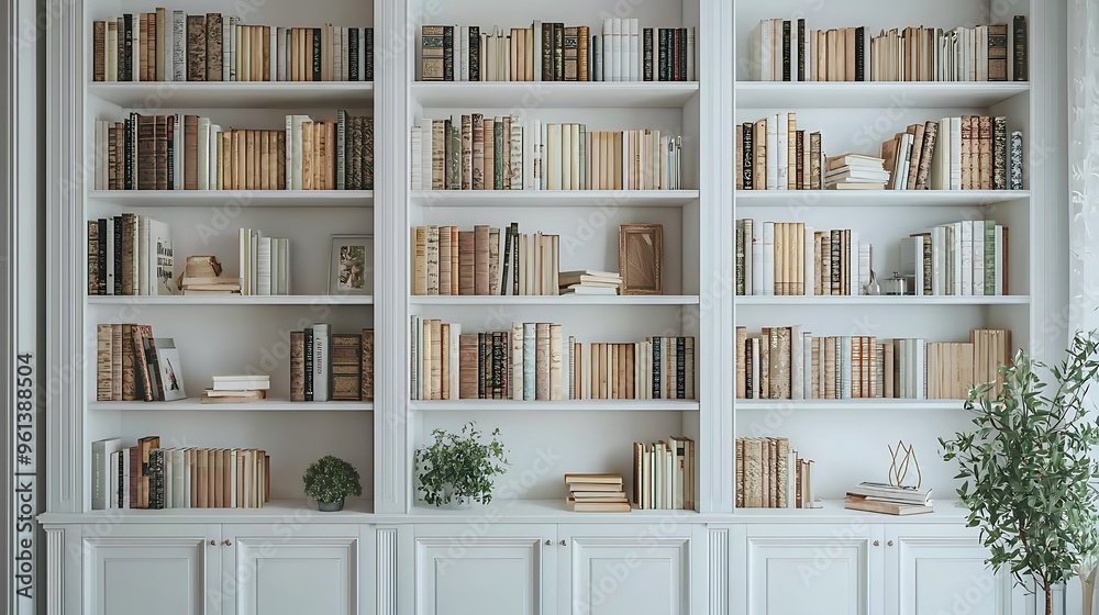 A white bookshelf adorned with books, plants, and charming decorations, blending style and functionality. A white bookshelf adorned with books, plants, and charming decorations, blending style and functionality.