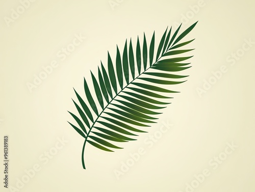 Single green palm frond on a beige background.