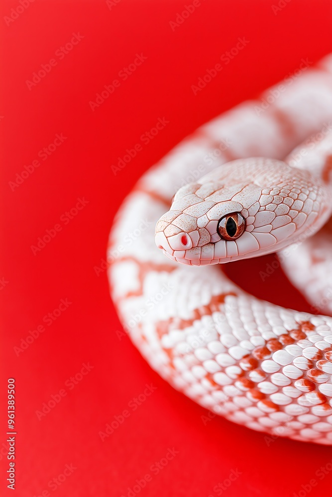 Fototapeta premium Close-up of a snake on a striking red background. Year of the Snake background. 