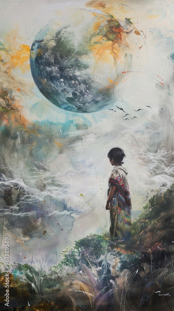 Obraz premium A lone child stands on a cliff, looking up at a large planet in the sky, surrounded by clouds and birds.