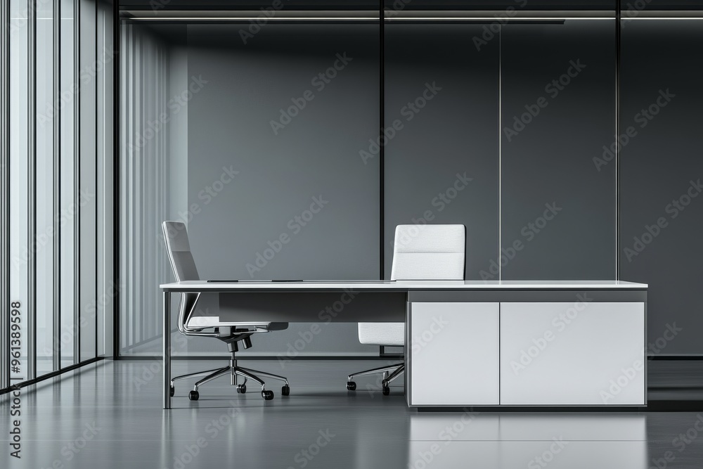 Stunning office interior with desk, computer, and chair, large windows with city views, concept of a luxury boss's office. 3D rendering. Stunning office interior with desk, computer, and chair, large windows with city views, concept of a luxury boss's office. 3D rendering.