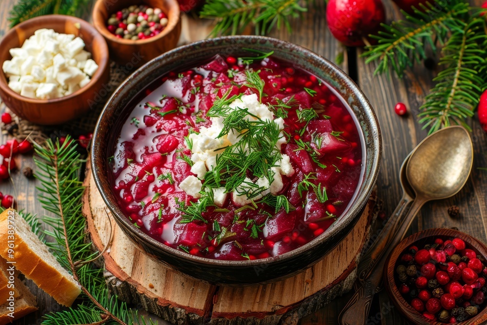 Bowl of Beetroot Soup with Feta Cheese, Dill, and Parsley for a Festive Christmas Meal Bowl of Beetroot Soup with Feta Cheese, Dill, and Parsley for a Festive Christmas Meal