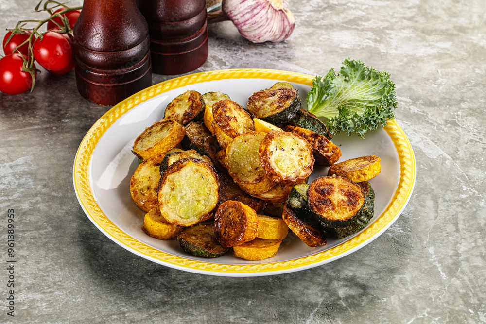 Roasted young zucchini in the plate Roasted young zucchini in the plate