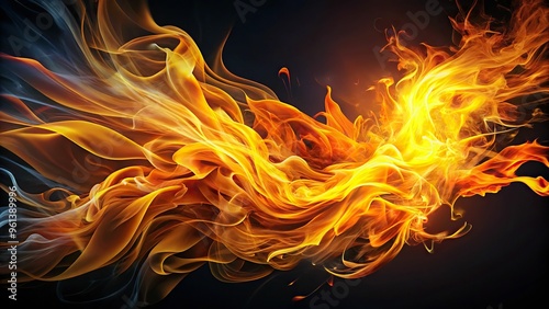 Flickering orange and yellow flames bursting forth from a dark background, with wispy tendrils curling outwards in dynamic, fluid motion, sharp contrasts and vivid colors. photo