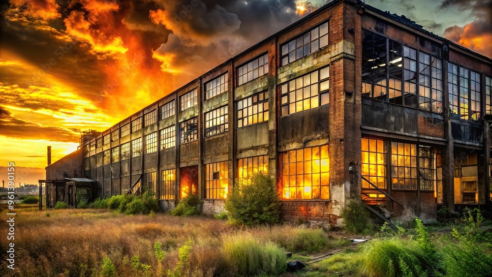 A derelict factory's rusty exterior is set ablaze by the golden glow of sunset, its broken windows like empty eyes staring back, surrounded by a tangle of weeds. A derelict factory's rusty exterior is set ablaze by the golden glow of sunset, its broken windows like empty eyes staring back, surrounded by a tangle of weeds.
