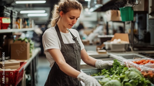  individuals involved in food activism, supporting local farms, promoting plant-based diets, or reducing food waste, in a clean, organized kitchen or market setting. 