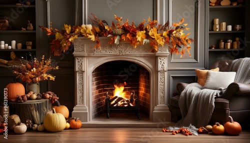 A cozy fireplace with autumn decor photo