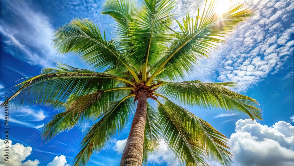Dramatic low-angle shot of a solitary coconut palm tree standing tall, its slender trunk and feathery fronds a striking contrast to the bright blue sky. Dramatic low-angle shot of a solitary coconut palm tree standing tall, its slender trunk and feathery fronds a striking contrast to the bright blue sky.