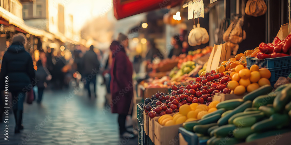 Obraz premium Vibrant market scene with fresh produce at sunset