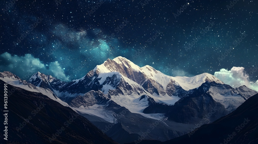 Majestic Snow Capped Mountain Range Under a Starry Night Sky Majestic Snow Capped Mountain Range Under a Starry Night Sky