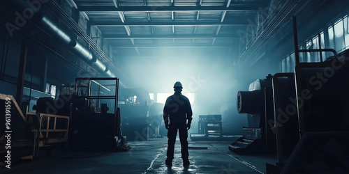 Silhouetted worker in industrial factory setting with dramatic lighting
