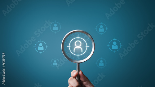 HR searching and selecting workers to join work. Choosing professional leader employee competency, Human resources management. Magnifier selects people for team. Business hiring and jobs recruitment.