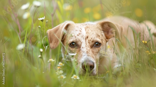  A tight shot of a dog in a lush grassfield, dotted with flowers in the foreground, and a softly blurred background photo