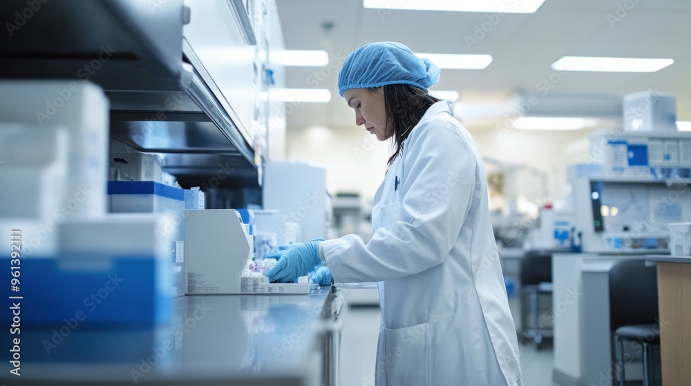 A scientist in a lab coat works meticulously in a laboratory setting. A scientist in a lab coat works meticulously in a laboratory setting.