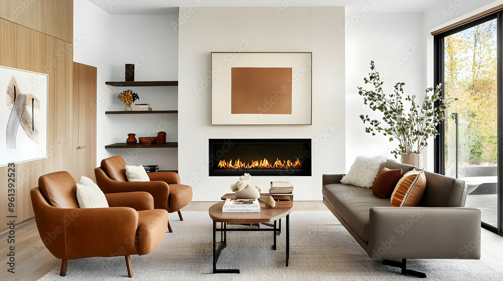 Fototapeta premium A modern living room with cozy seating, a fireplace, and stylish decor.