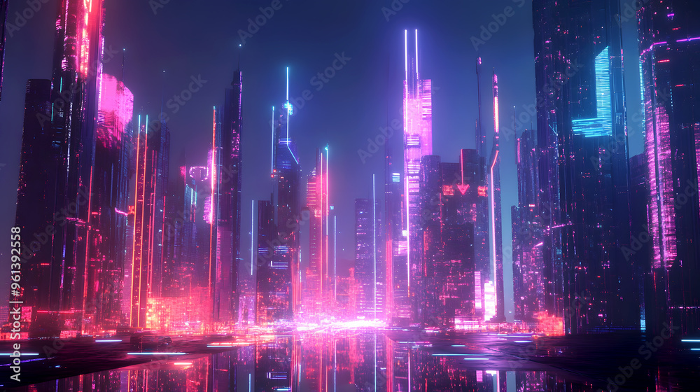 Fototapeta premium futuristic cityscape glowing with neon lights, showcasing advanced architecture and technology