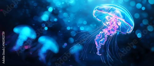 A mesmerizing jellyfish glows in vibrant colors, floating gracefully in the deep blue ocean, showcasing its unique beauty.