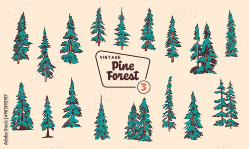 Pine Tree Vector Illustration Set - Hand-Drawn Vintage Mid-Century Style Designs.