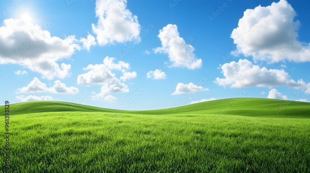 Green hills and fluffy clouds under a bright blue sky Green hills and fluffy clouds under a bright blue sky