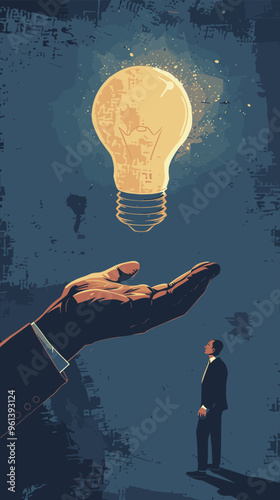 Mentor Drawing Giant Hand to Guide Businessman from Old to New Shiny Lightbulb Idea in Brainstorming Session