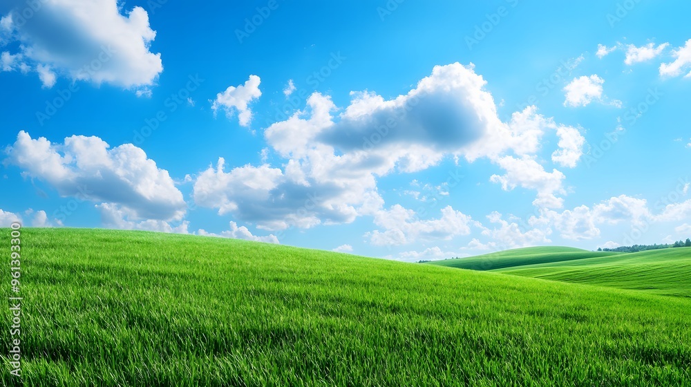 Green hills and fluffy clouds under a bright blue sky Green hills and fluffy clouds under a bright blue sky
