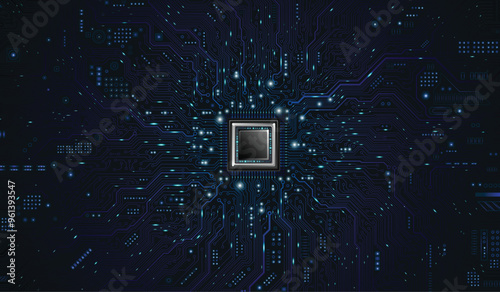 CPU Chip on Motherboard. Central Computer Processors CPU concept. Quantum computer large data processing database concept. Futuristic microchip processor. AI chip background with circuit light. 