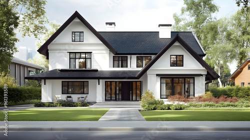 A modern two-story house with a white facade and black roof, surrounded by greenery.