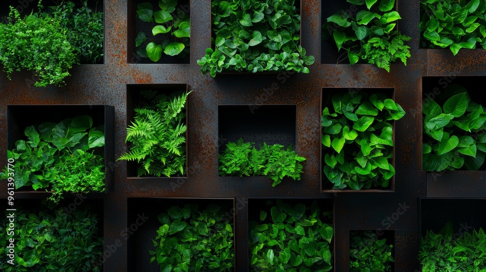 Symmetry in Vertical Garden Structures, Explore how the symmetrical design of the supporting structures, such as grids or shelves.