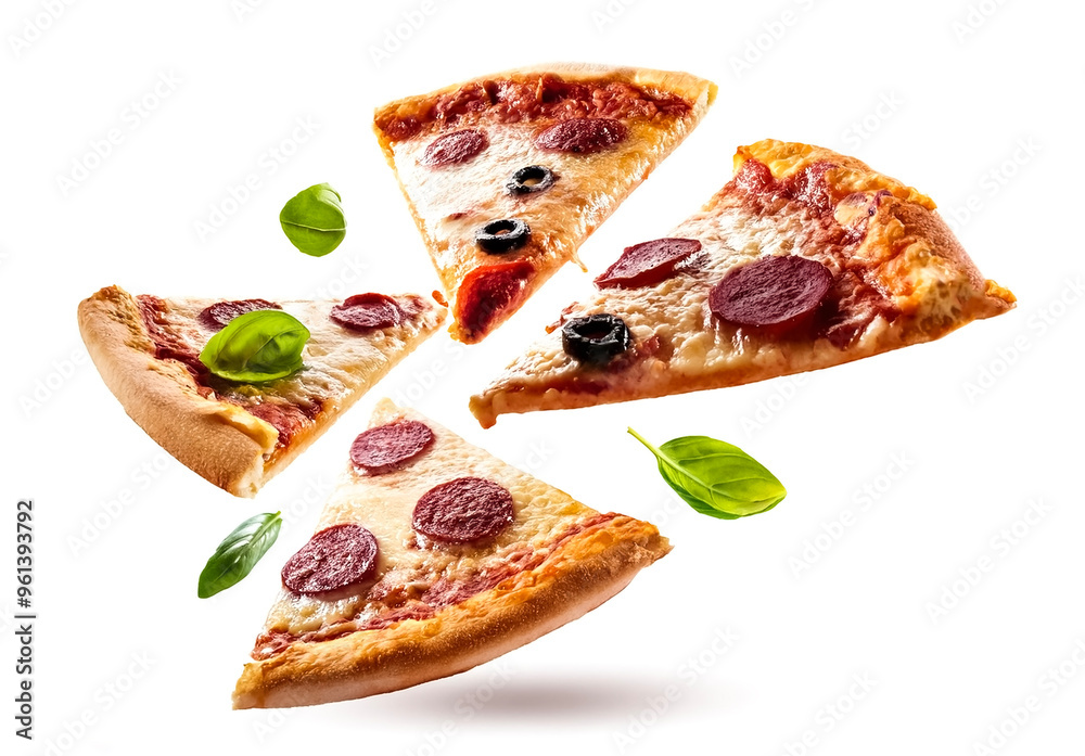 Pizza slices flying, isolated on white background. Delicious peperoni pizza slices pepperonis and olives, floating pizza pieces with melting cheese with basil leaves flying. Italian style pizza slices Pizza slices flying, isolated on white background. Delicious peperoni pizza slices pepperonis and olives, floating pizza pieces with melting cheese with basil leaves flying. Italian style pizza slices