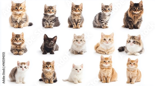 Collection of adorable kittens sitting together on a white background.