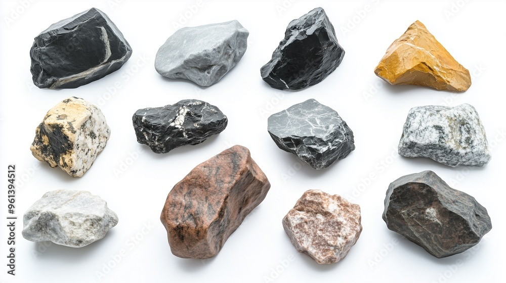 A collection of raw minerals and stones, including coal and granite, displayed against a white background A collection of raw minerals and stones, including coal and granite, displayed against a white background