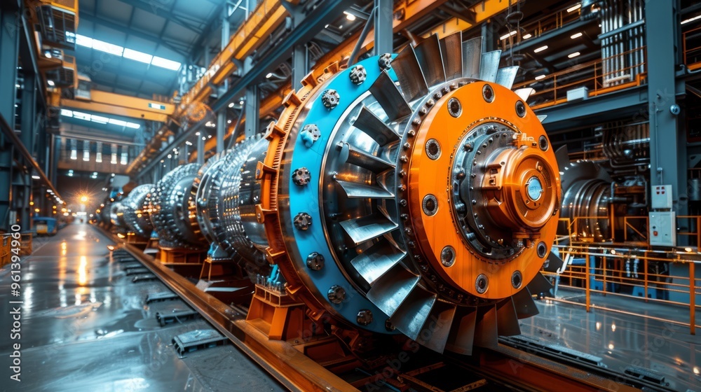 A large gas turbine is prominently displayed in a cutting-edge manufacturing facility, highlighting intricate engineering and assembly line activities during daylight hours A large gas turbine is prominently displayed in a cutting-edge manufacturing facility, highlighting intricate engineering and assembly line activities during daylight hours