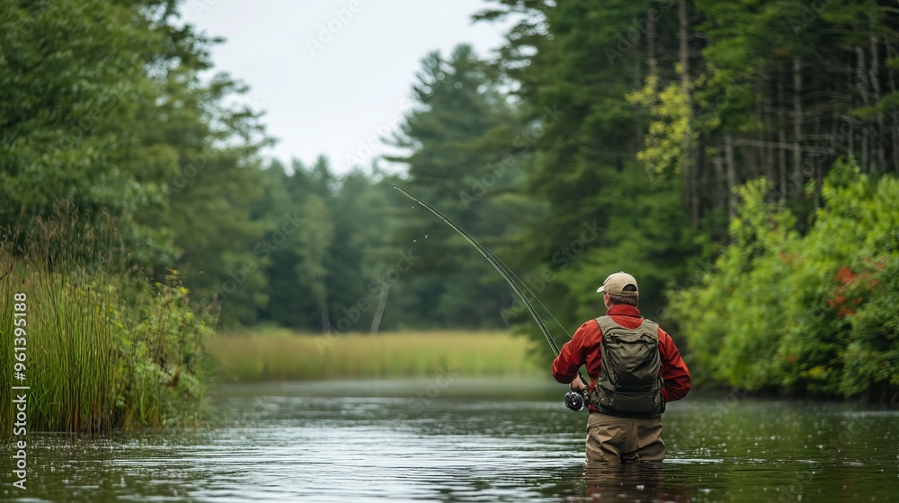Angler utilizing a spinning rod fitted with a spinning reel enjoys freshwater fishing during the summer season. Angler utilizing a spinning rod fitted with a spinning reel enjoys freshwater fishing during the summer season.