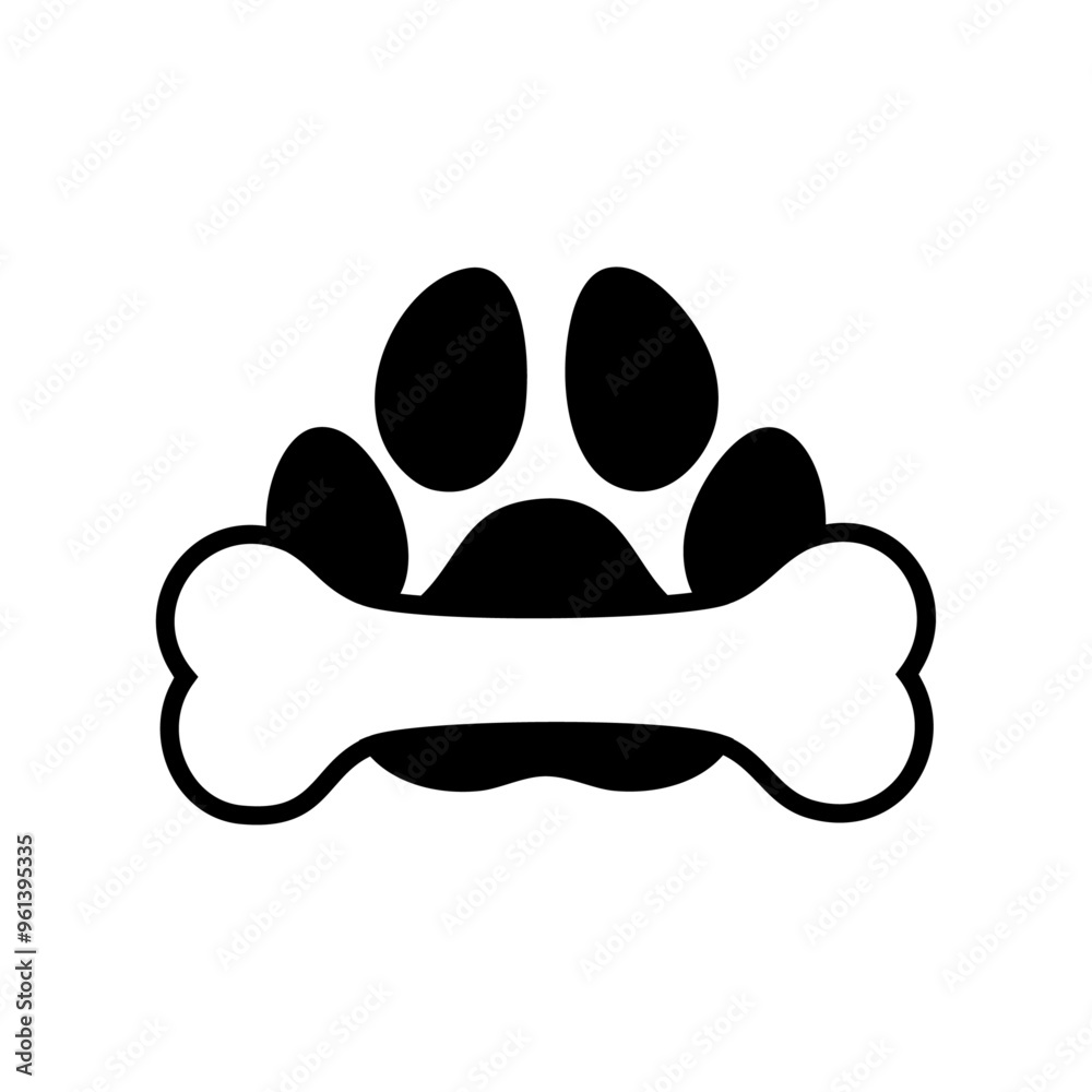 Logo de tienda de alimentos para mascotas. Silueta de pata de gato o perro con hueso Logo de tienda de alimentos para mascotas. Silueta de pata de gato o perro con hueso