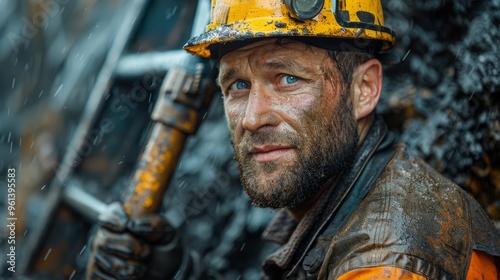 The miner, wearing a hard hat and covered in mud, focuses intently on his task amid heavy rainfall. His piercing blue eyes stand out against the grime of the mining site