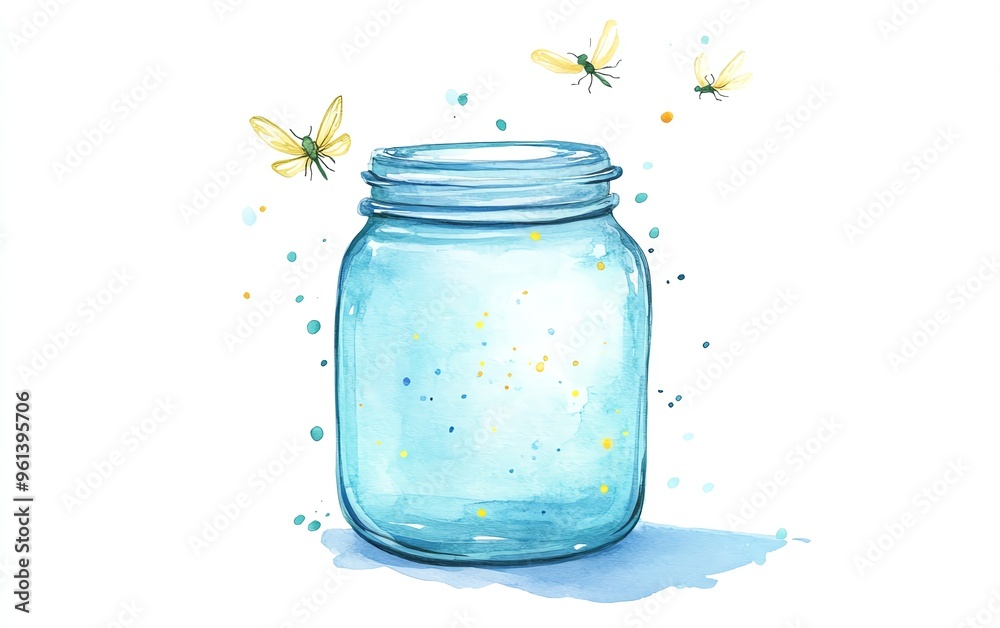 Fireflies flying around an open jar, gentle watercolor effect, warm light trails, isolated on white background Fireflies flying around an open jar, gentle watercolor effect, warm light trails, isolated on white background