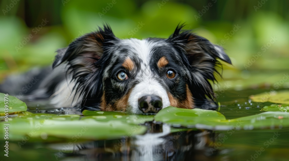 A tight shot of a dog reclining in a body of water, surrounded by lily pads along the edge A tight shot of a dog reclining in a body of water, surrounded by lily pads along the edge