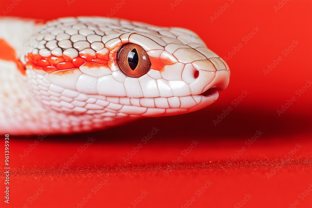 Close-up of a snake on a striking red background. Year of the Snake background. 