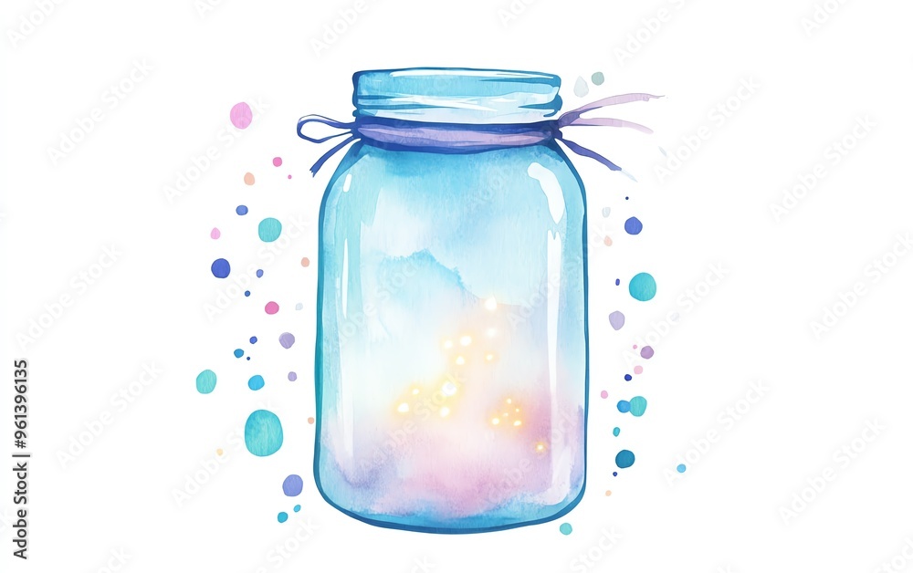 A watercolor jar of fireflies with glowing light, surrounded by abstract watercolor shapes, isolated on white background A watercolor jar of fireflies with glowing light, surrounded by abstract watercolor shapes, isolated on white background